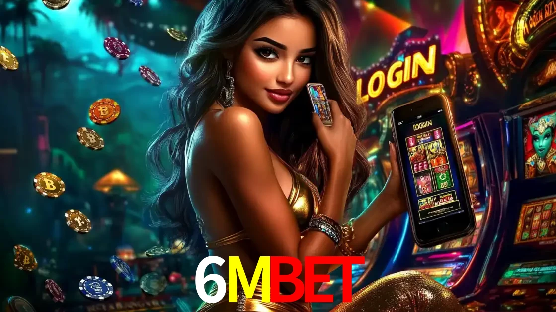 Mulher em um cenário de cassino temático de aventura, mostrando o app de caça-níqueis da 6MBET no celular. Fichas de apostas flutuam ao redor.