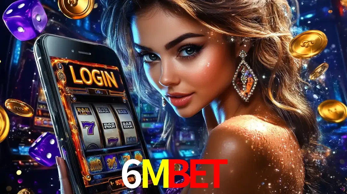 Mulher glamorosa segurando um smartphone com a tela de login para os jogos de caça-níqueis do cassino online 6MBET, com moedas de ouro e dados ao redor.