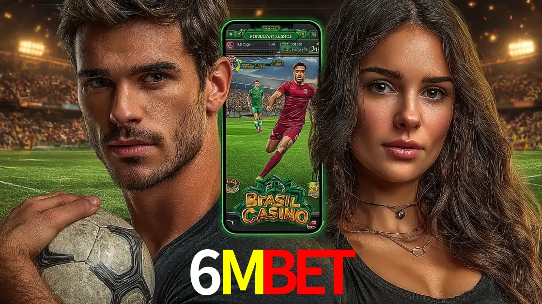 Homem segurando uma bola de futebol e uma mulher ao lado de um smartphone exibindo o jogo de apostas esportivas da 6MBET. Faça seu palpite no cassino online.